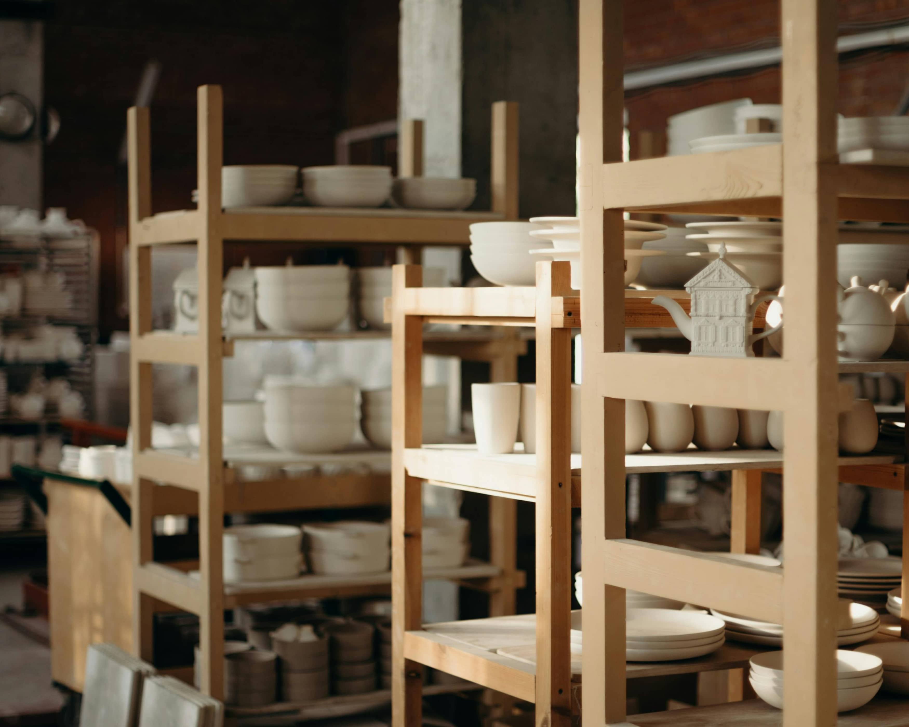 Jen-Ken Kilns shelves full of bisque-fired ceramics